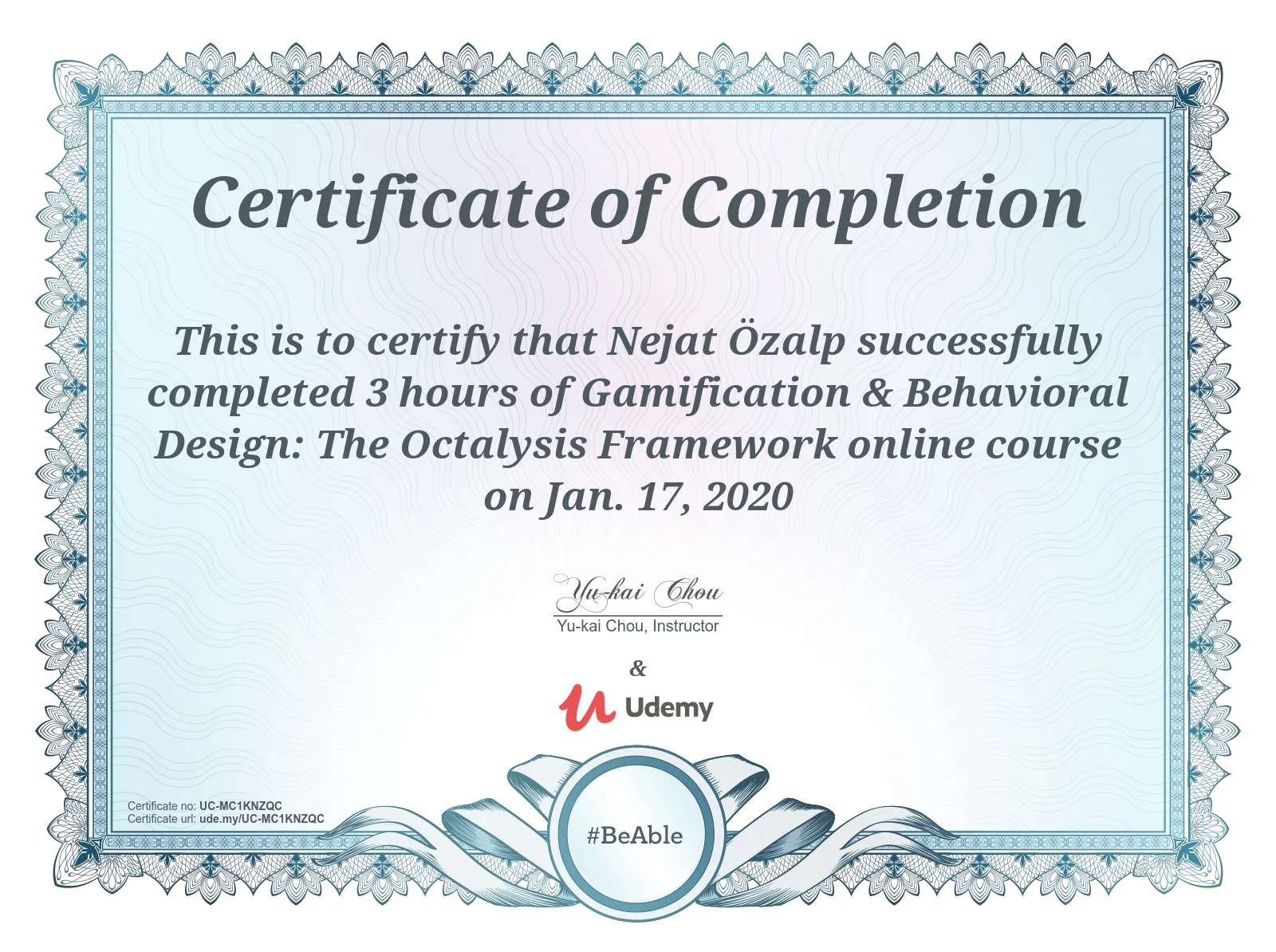 Certificate: Gamification & Behavioral Design: The Octalysis Framework